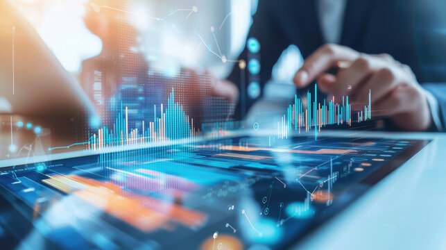 Business analytics and data visualization on digital tablet, showcasing graphs and charts for collaborative decision making in modern office environment