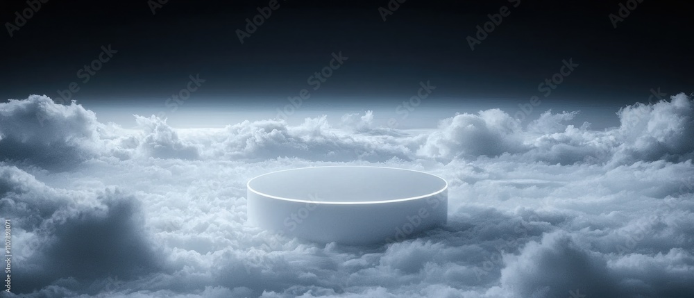 Poster digital illustration of a white circular object floating in the middle of a vast sky filled with flu