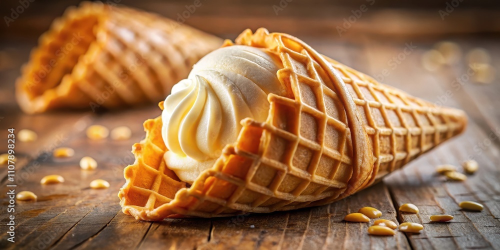 Poster a single scoop of vanilla ice cream in a waffle cone, resting on a wooden table with scattered seed 