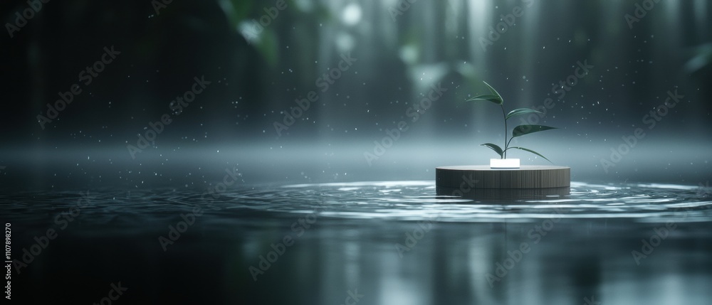 Poster small plant growing out of a small wooden platform in the middle of a body of water. the platform is