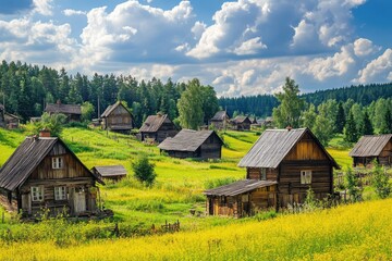 Obraz premium A small village surrounded by a vast green field, great for country landscape or rural setting