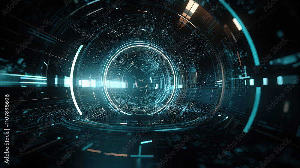 Poster Technology abstract background with hud styled round interface elements in neon tech light.