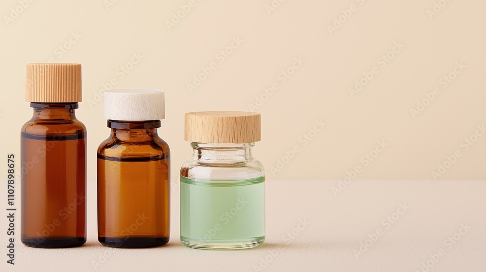 Poster Essential oils in small glass bottles creating a calming skincare presentation