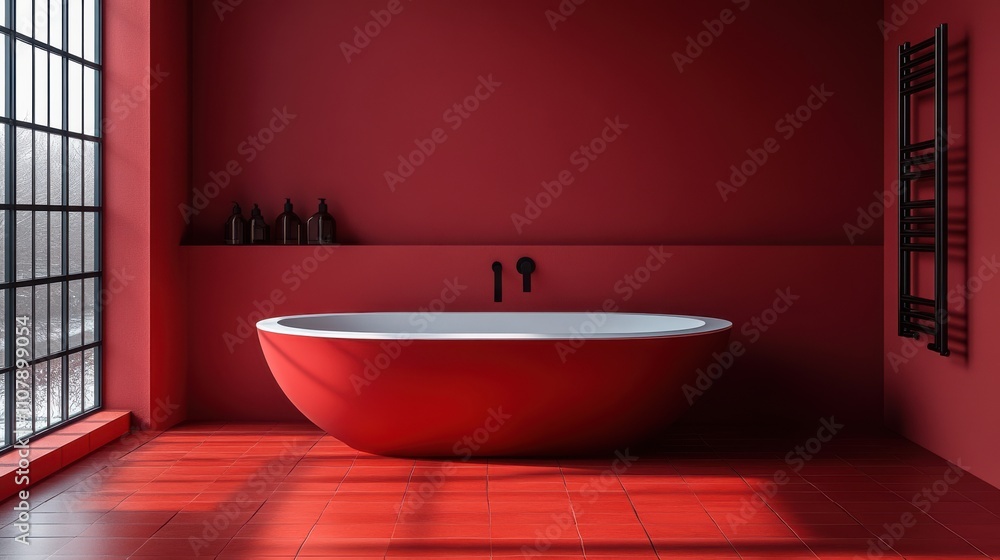 Poster monochrome red sink and bathtub flat red background 3d icon single red color 3d rendering bathroom o