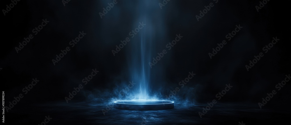 Poster dark and mysterious scene with a circular platform in the center. the platform is lit up with a brig