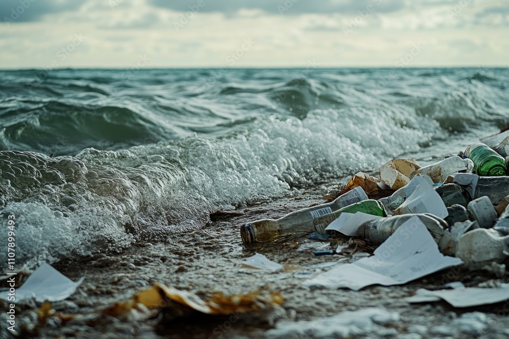 Poster trash and debris on a beach near the ocean, with potential for environmental or pollution-themed use