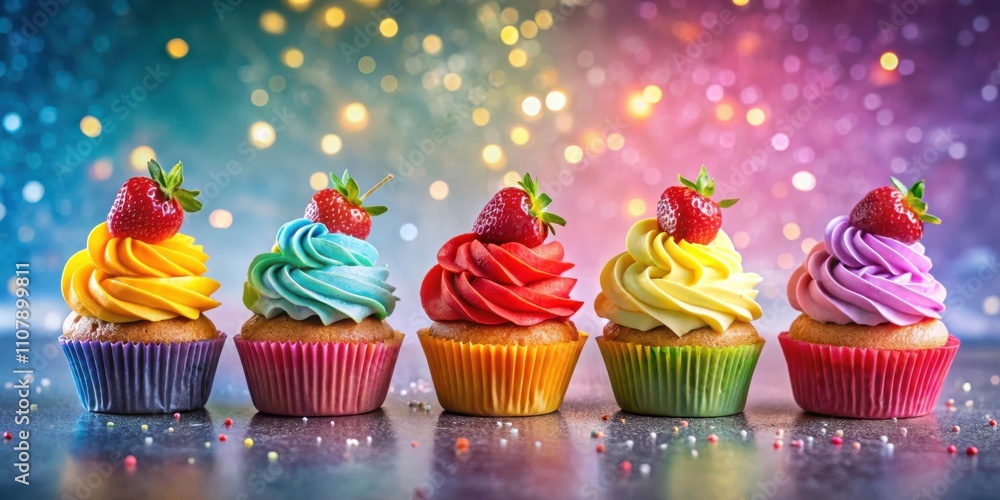 Leinwandbilder a vibrant row of colorful cupcakes adorned with fresh strawberries, set against a twinkling backgrou