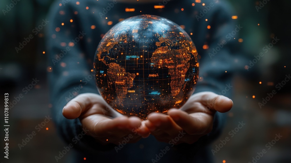 Poster multilingual language translation technology concept a person holding holographic globe with speech 