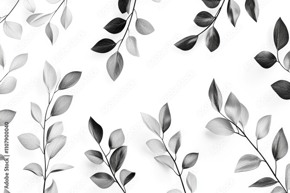 Poster a simple composition of black and white leaves on a clean white background, suitable for use in desi