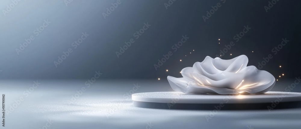 Poster 3d rendering of a white flower-like object on a circular platform. the flower is in the center of th