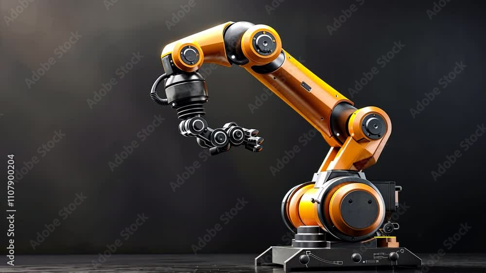 Poster robotic arm in orange and black precision engineering for industrial automation and advanced technol