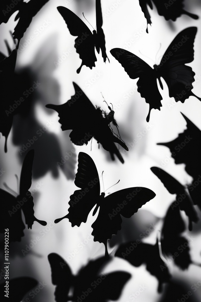 Poster a close-up shot of multiple butterflies in various poses, captured in black and white