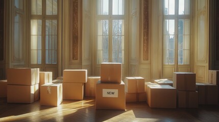 Fototapeta premium Sunlit Room with Cardboard Boxes