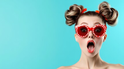 A woman showcasing a playful hairdo with red polka dot glasses and a surprised expression, set...