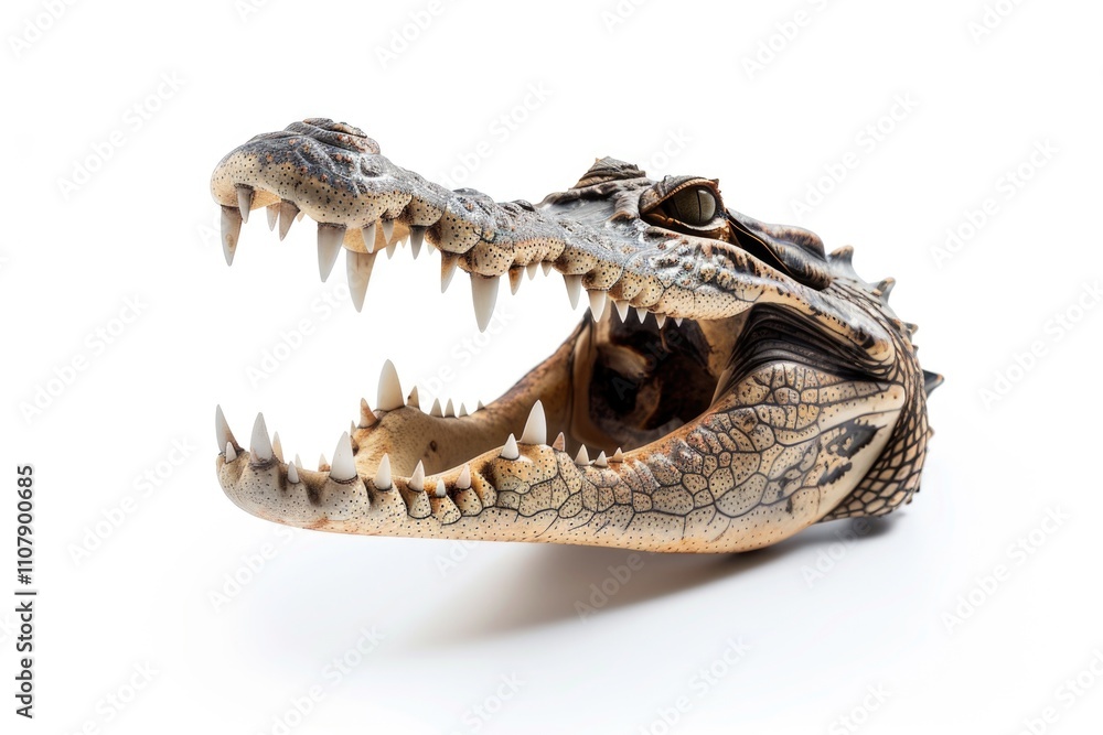 Poster a close-up view of a crocodile's head with its mouth open, suitable for wildlife or animal-related p