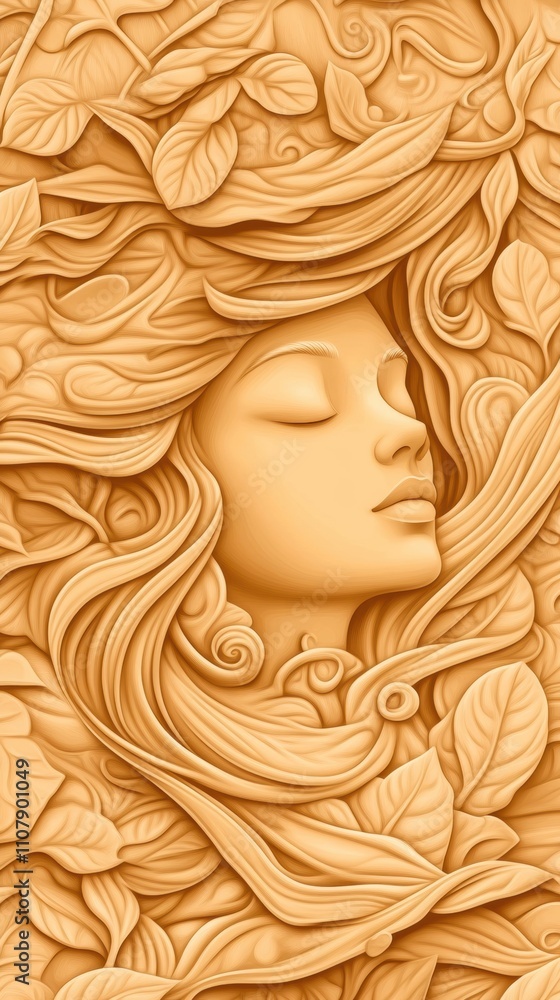 Poster serene face surrounded by intricate leaf patterns in a monochromatic design, ai