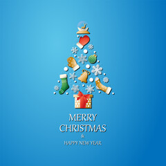 Christmas and New Year. Vector greeting card, Christmas items such as socks, gifts, snow globe, Christmas tree shaped
