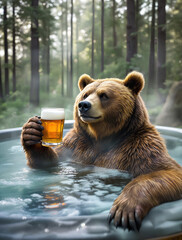 A big brown bear relaxing in a steaming hot tub, sipping a beer with a serene forest backdrop.