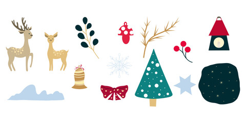 Fototapeta premium Christmas Clipart, Lantern, Berries, Deer, Christmas tree, Christmas Ball Toys, Snowflake, Christmas Snow Globe