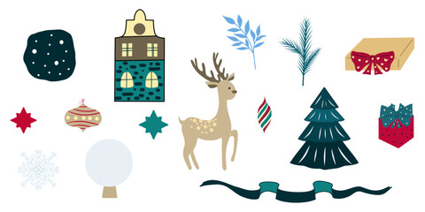 Fototapeta premium Christmas Clipart, House, Gift Box, Deer, Christmas tree, Christmas Ball Toys, Twigs, Christmas Snow Globe 