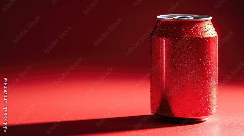 Poster a can of soda sitting on a red surface, great for use in food and drink related contexts