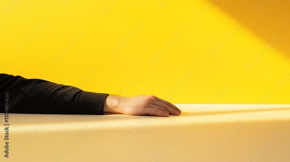 Aufkleber hand resting on a table with a bright yellow background in a modern minimalist setting