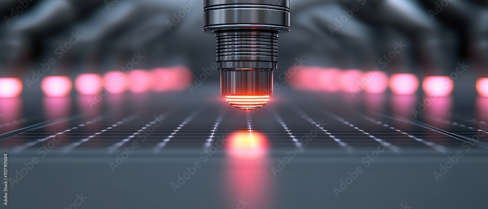 Aufkleber close-up of a metallic object with a red light emanating from it. the object appears to be a part of