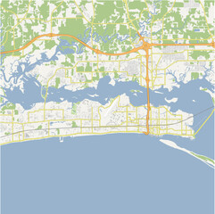 Map of Biloxi in Mississippi in a normal road map style. Contains layered vector with roads water, parks, etc.