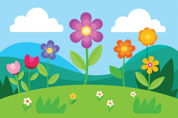 Spring Meadow Flowers Vector - Vibrant Floral Landscape Illustration