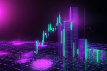  Cryptocurrency price chart, purple-green neon color, dark background 