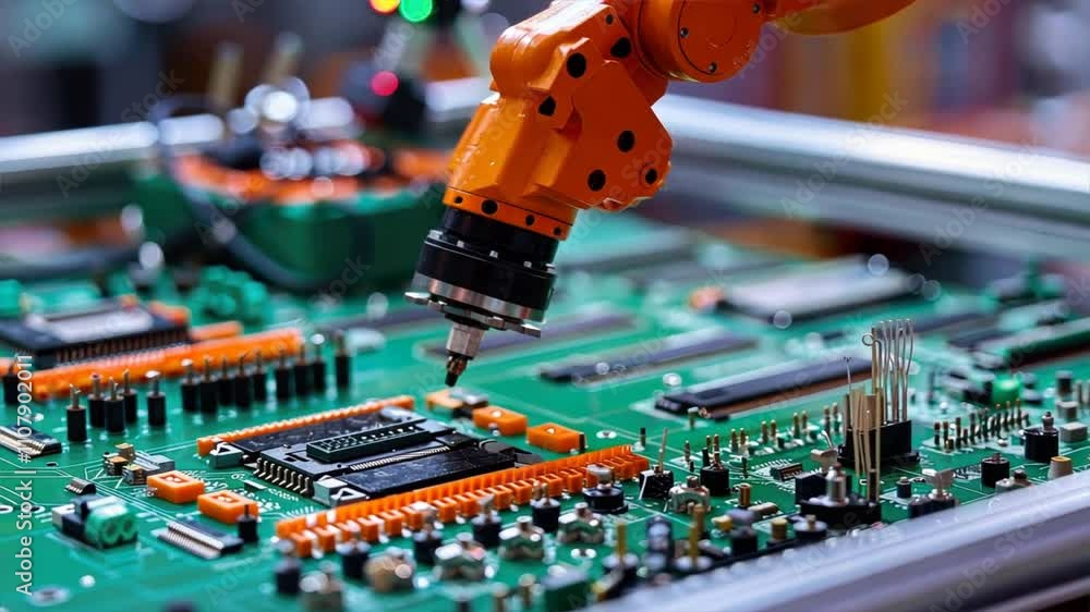 Poster robotic arm automation precision assembly of electronic components on circuit board in industrial ma