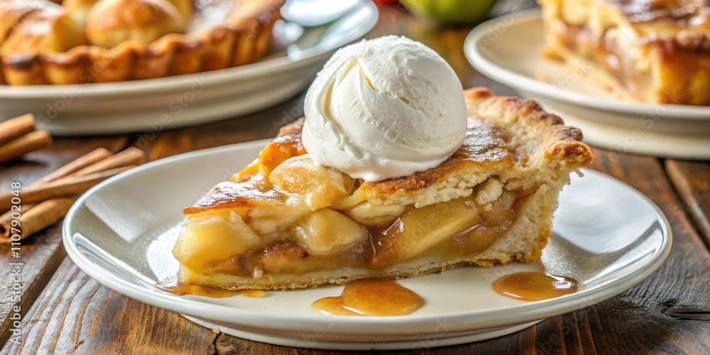Poster A warm slice of apple pie topped with a scoop of vanilla ice cream and a drizzle of caramel sauce on a white plate, resting on a rustic wooden table