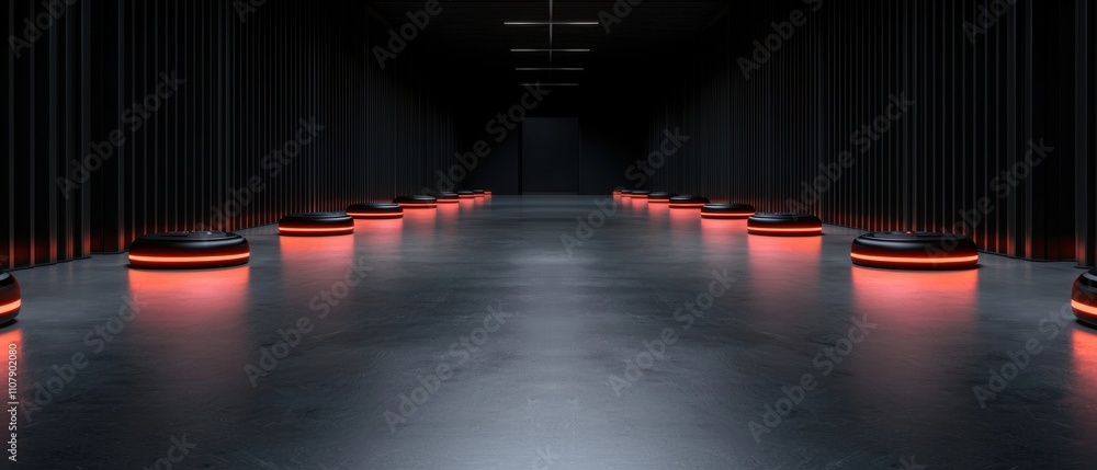 Poster long, empty room with a high ceiling and black walls. the floor is made of concrete and the walls ar