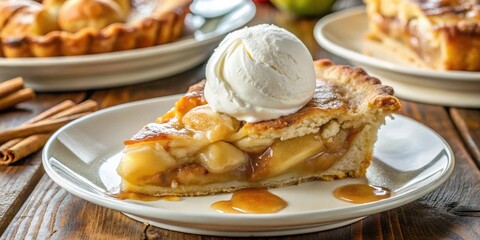A warm slice of apple pie topped with a scoop of vanilla ice cream and a drizzle of caramel sauce on a white plate, resting on a rustic wooden table