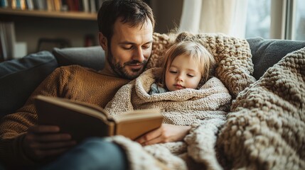 Cozy indoor scene of a father reading a book to his daughter while wrapped in a warm blanket on a sofa in a softly lit living room