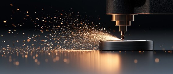 Close-up of a cnc (computer numerical control) machine cutting a piece of metal. the machine is black in color and has a cylindrical base.