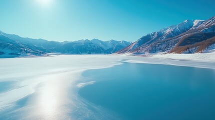 Obraz premium A serene winter landscape featuring a frozen lake surrounded by majestic snow-capped mountains under a clear blue sky.