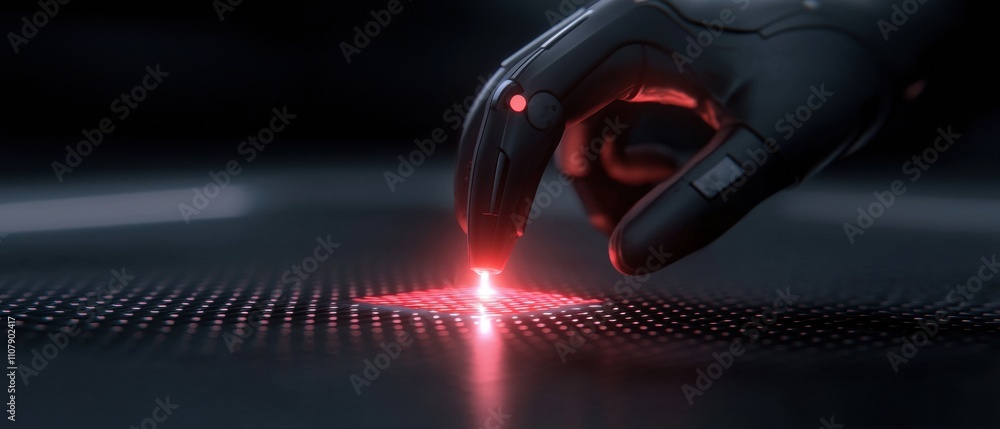 Poster close-up of a robotic hand with a red laser pointer on it. the hand is positioned on a black surface
