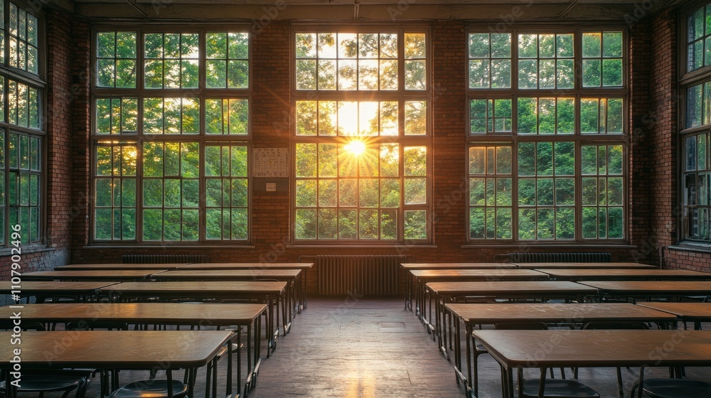 Poster sunset glow in a classroom: golden hour light illuminates an empty schoolroom through large windows