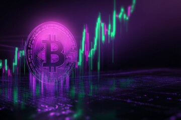  Cryptocurrency price chart, purple-green neon color, dark background 