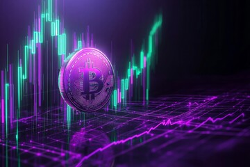  Cryptocurrency price chart, purple-green neon color, dark background 
