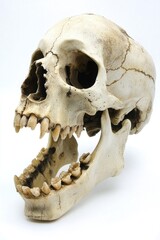 Obraz premium Close-up of a human skull on a white background, suitable for use in scenes about death, mortality, or the supernatural