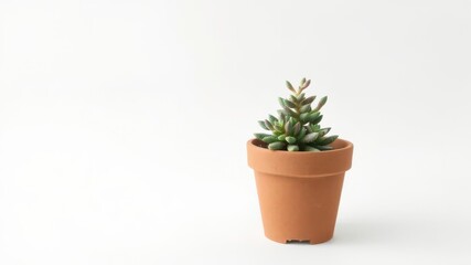 Fototapeta premium Small green succulent plant in a terracotta pot isolated on white background, terracotta