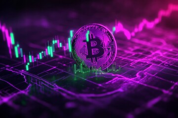  Cryptocurrency price chart, purple-green neon color, dark background 