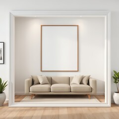 Modern interior design featuring a frame mockup wall poster with a minimalist couch