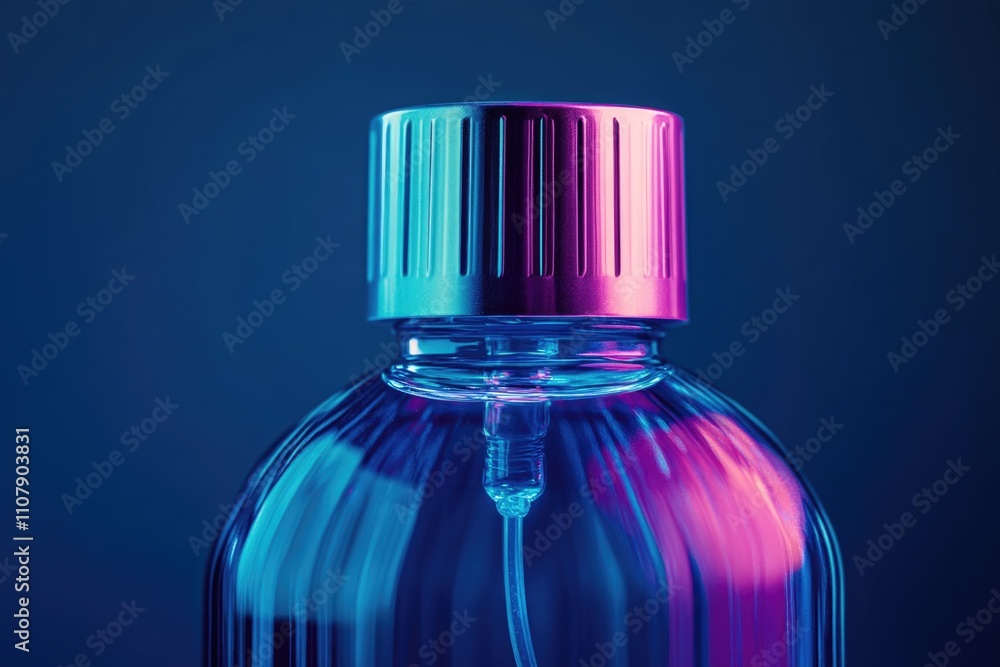 Poster a close-up shot of a perfume bottle with a label and stopper