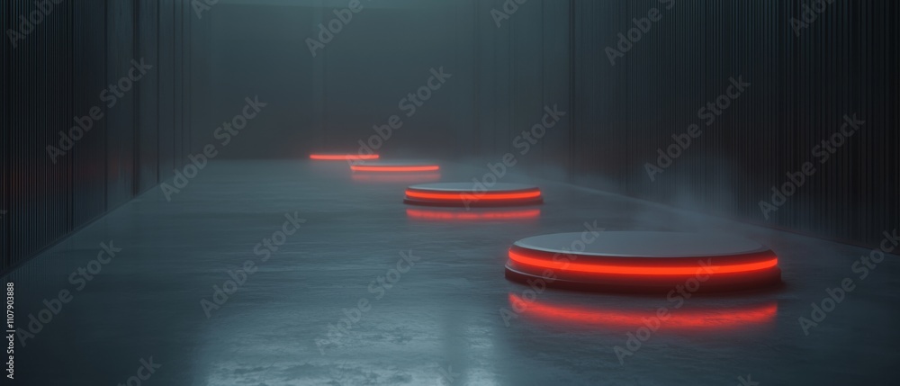 Aufkleber long, empty hallway with a row of red circular lights on the floor. the walls on either side of the 