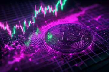 Cryptocurrency price chart, purple-green neon color, dark background 