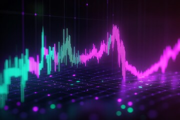  Cryptocurrency price chart, purple-green neon color, dark background 