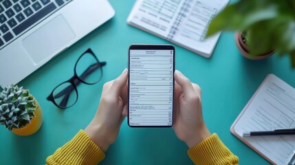 online exam concept person use smartphone take an assessment questionnaire evaluation online survey choose correct answer in test and filling out an online survey for